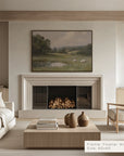 modern living room with fireplace, artwork, and furniture.