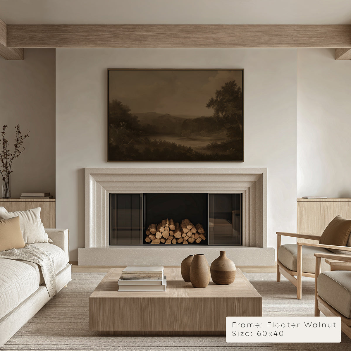 Modern living room with fireplace, artwork, and furniture. 