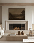 modern living room with fireplace, artwork, and furniture. 