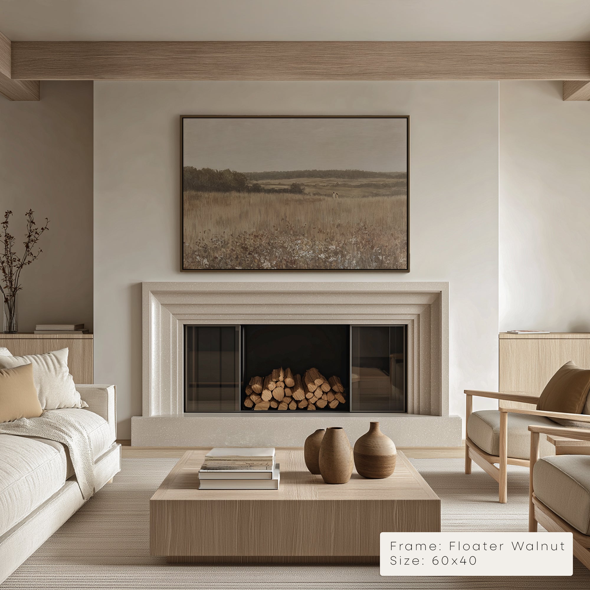 Modern living room with fireplace, artwork, and furniture. __lifestyleImage