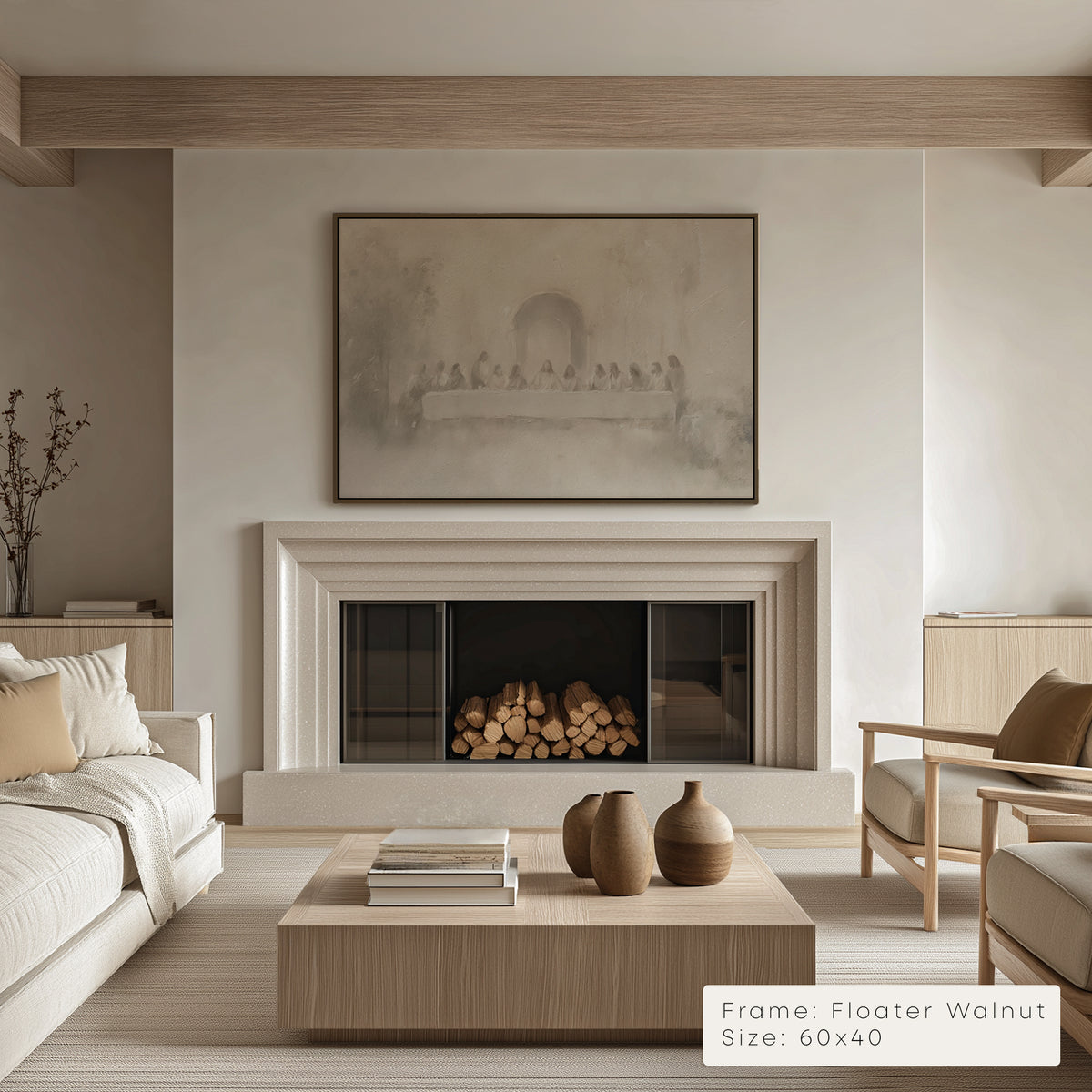 Modern living room with fireplace, artwork, and furniture.