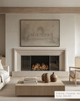 modern living room with fireplace, artwork, and furniture.