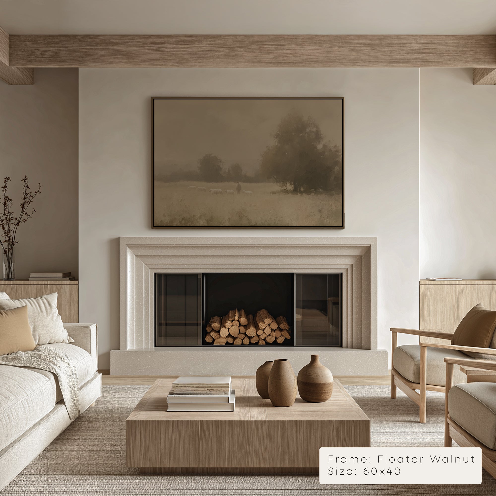 Modern living room with fireplace, artwork, and furniture. __lifestyleImage