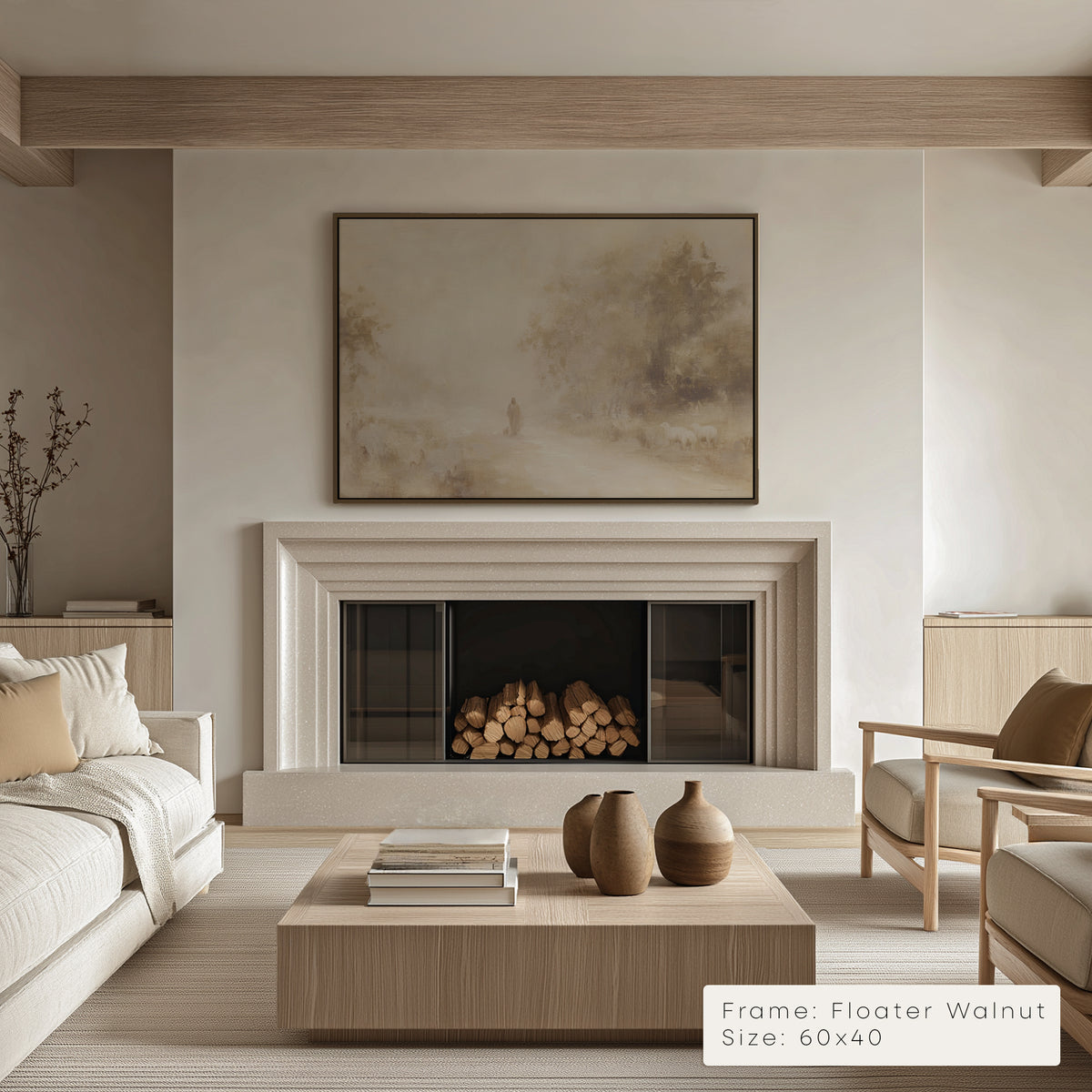 Modern living room with fireplace, coffee table, and artwork. __lifestyleImage