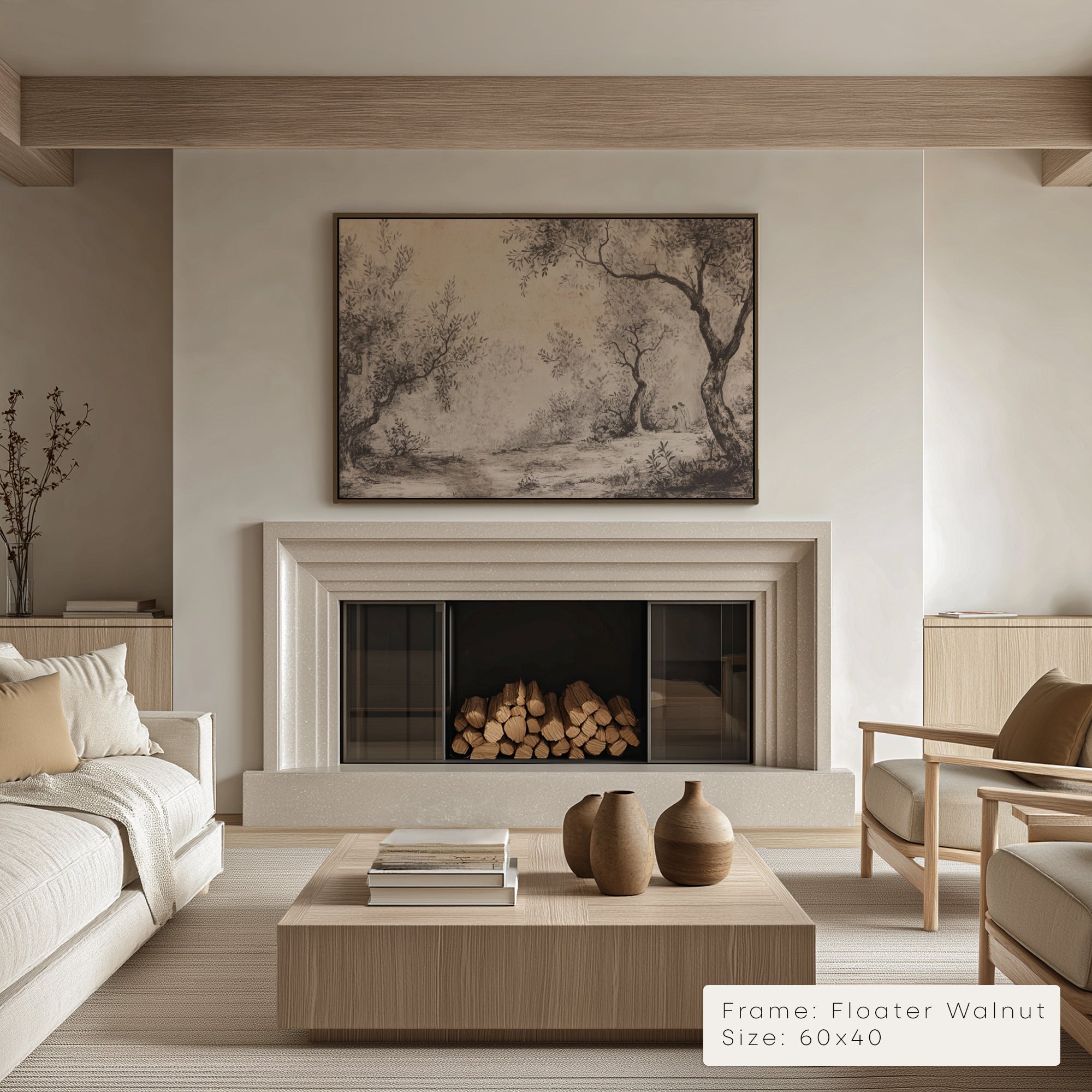 Modern living room with fireplace, artwork, and furniture. 