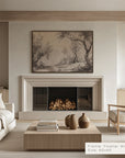modern living room with fireplace, artwork, and furniture. 