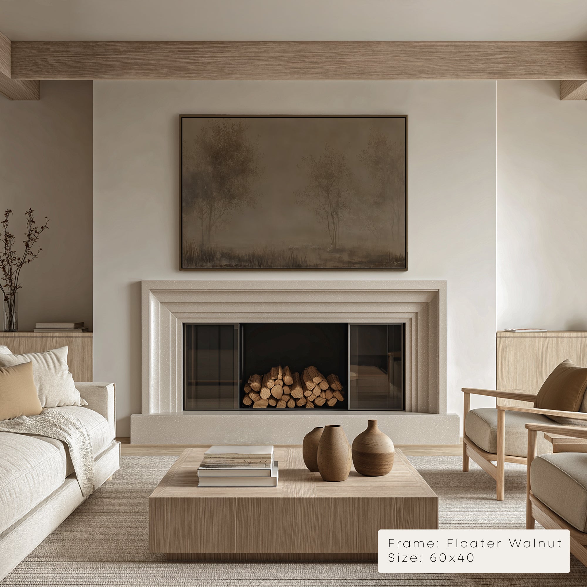 Modern living room with fireplace, coffee table, and decorative elements.