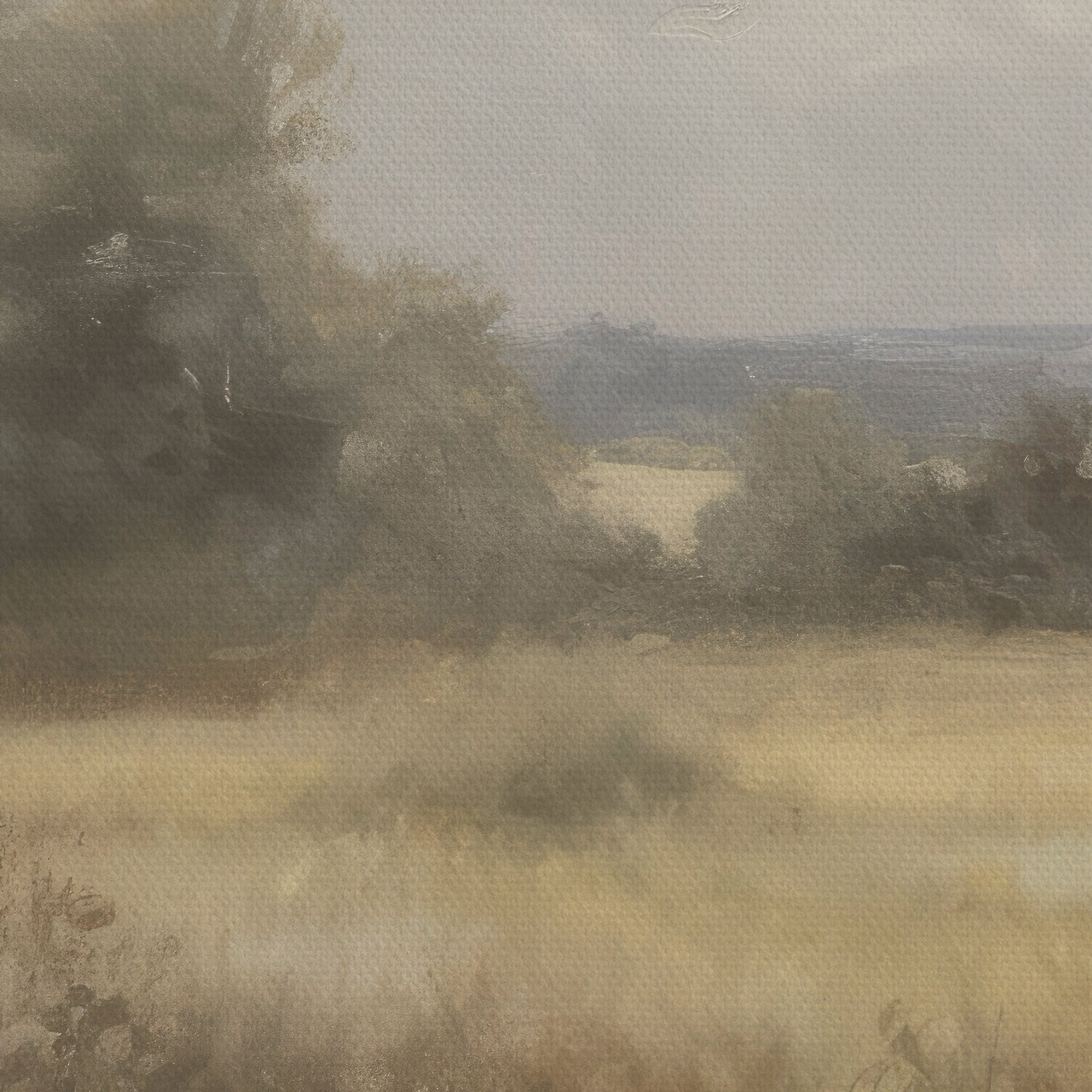 Landscape painting of a field with trees and a distant view