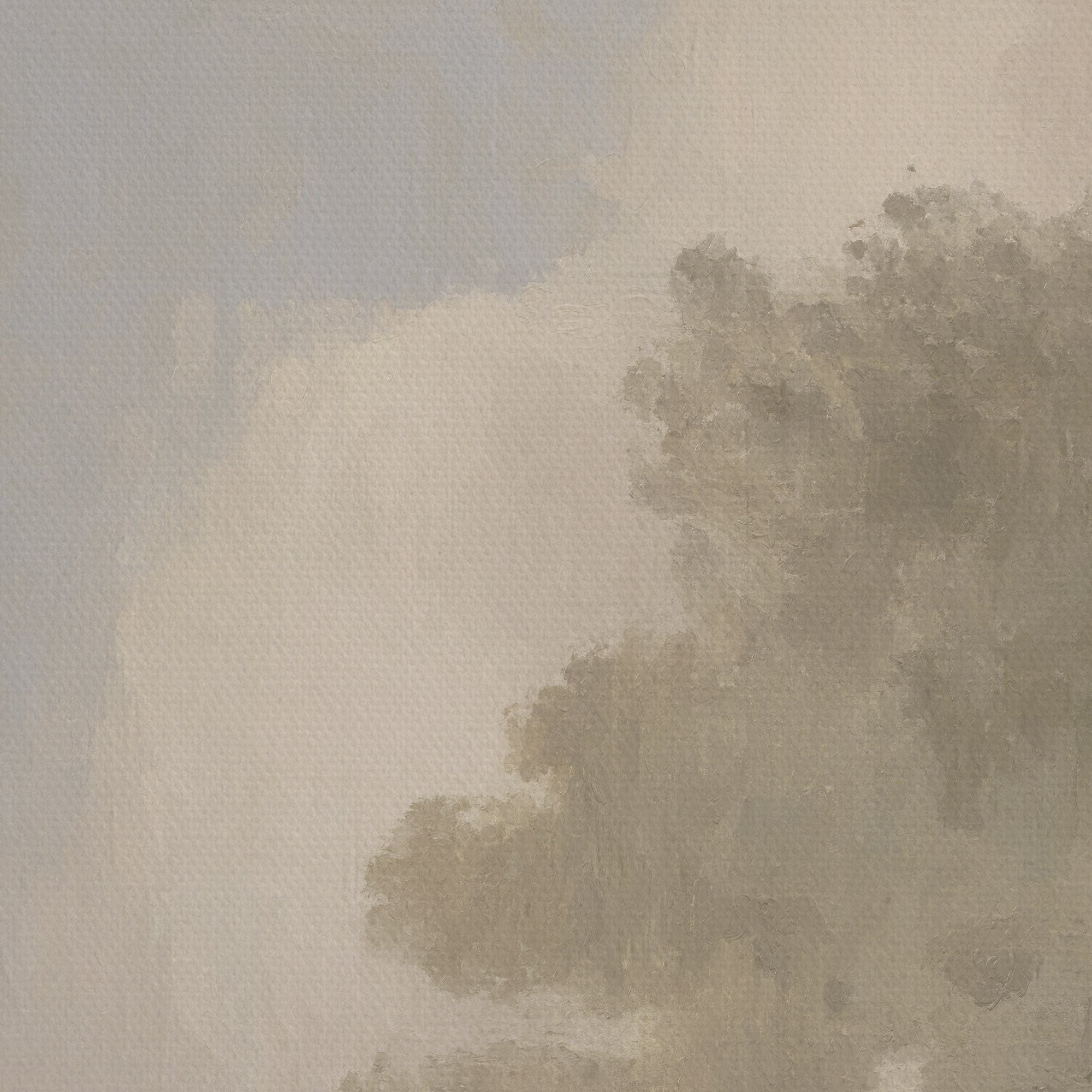 Foggy landscape with trees and a building in the distance