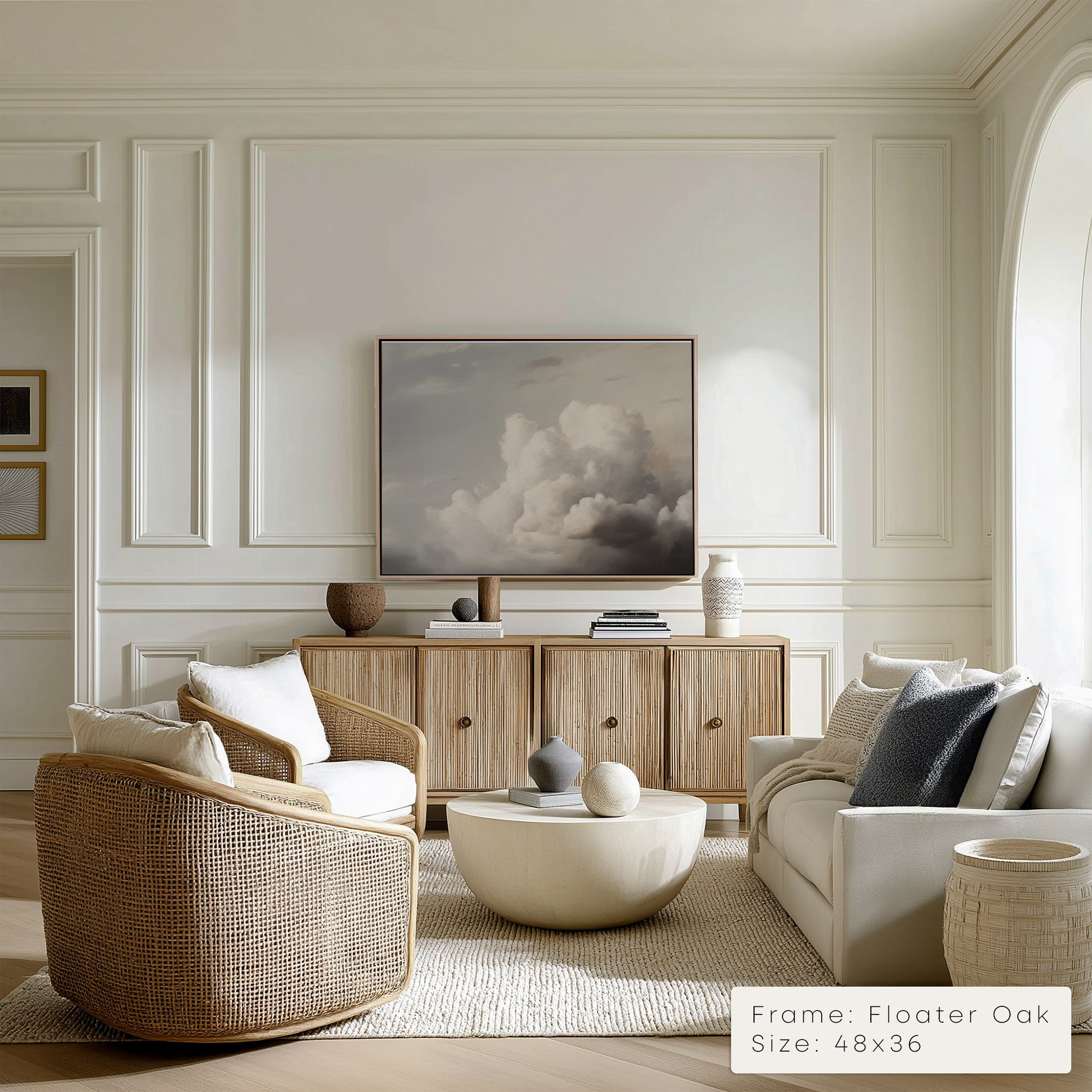 Modern living room with neutral tones, furniture, and decor.