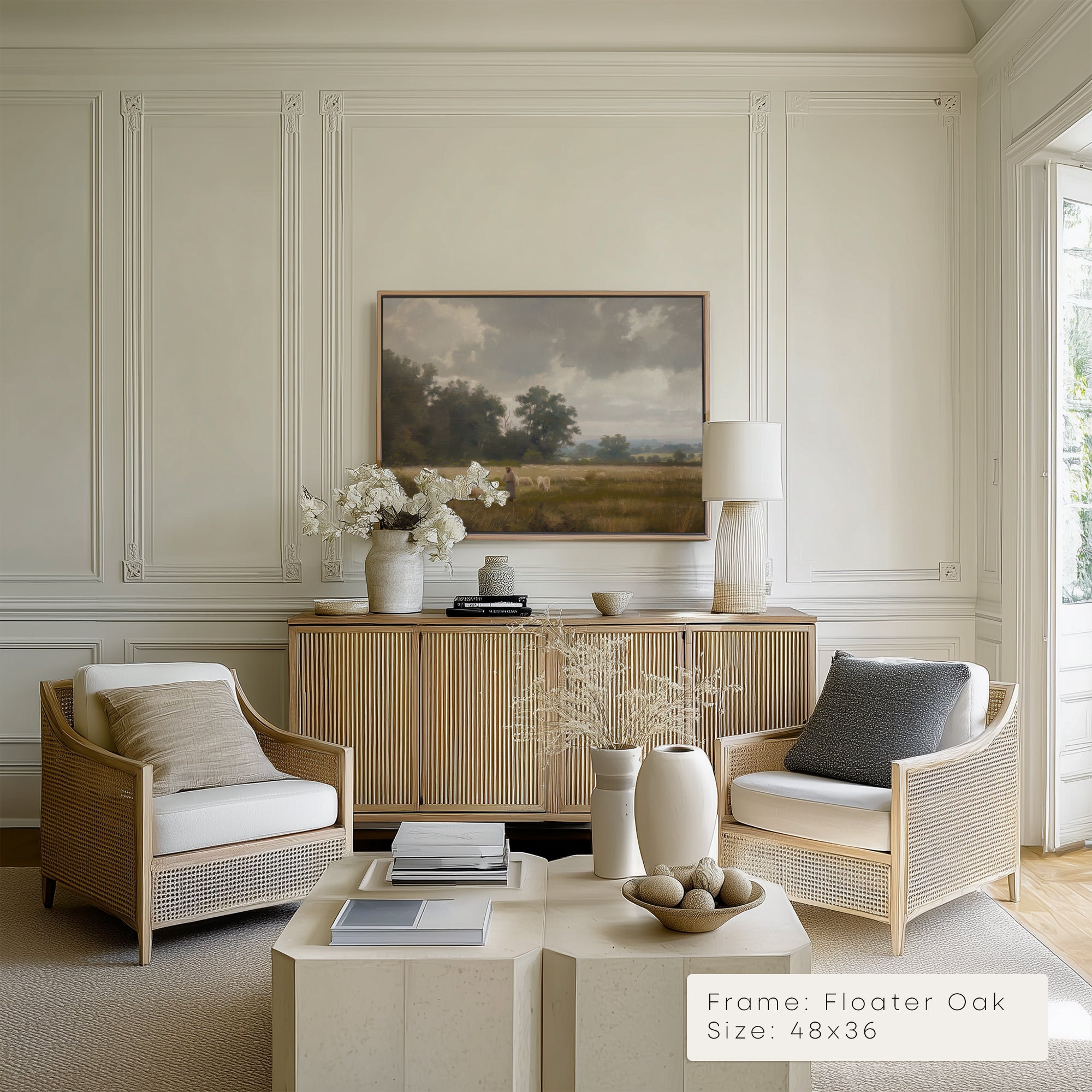 Modern living room with wicker chairs, a coffee table, and a framed landscape painting on the wall.