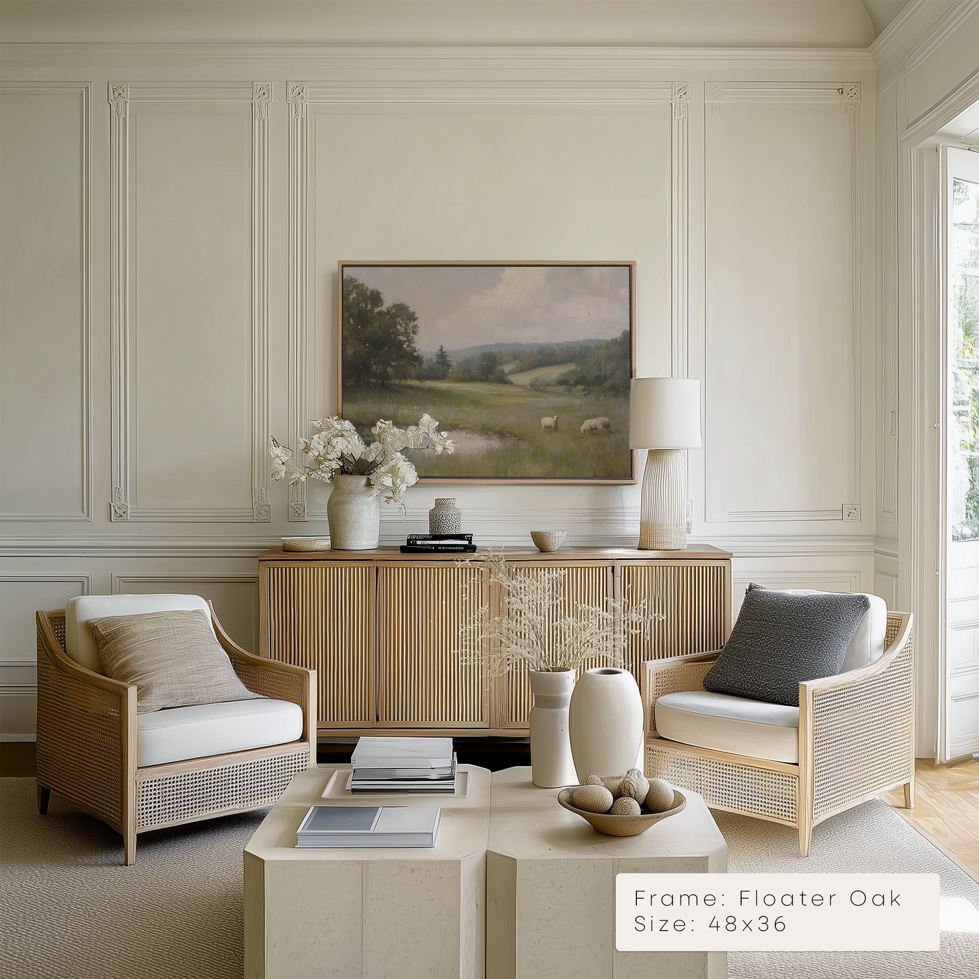 Modern living room with wicker chairs, a coffee table, and a landscape painting on the wall.