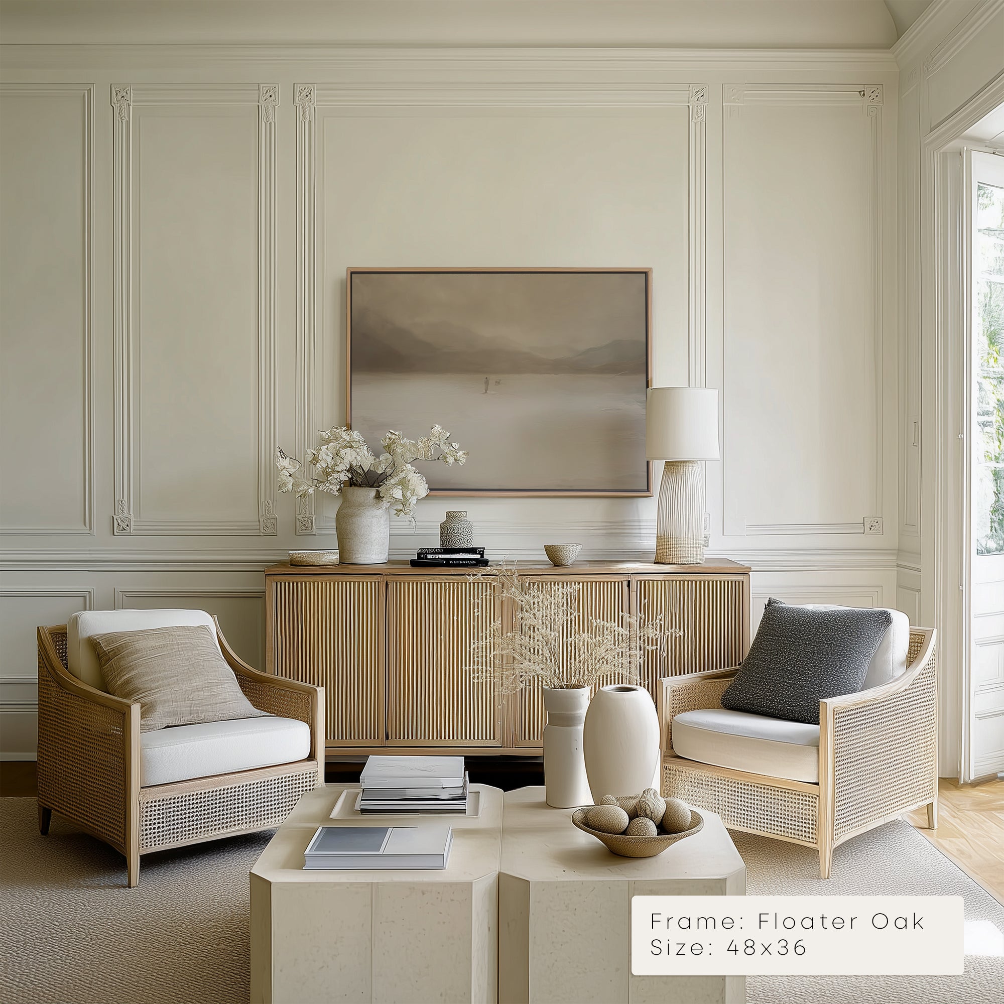 Modern living room with wicker chairs, a coffee table, and a framed artwork on the wall.