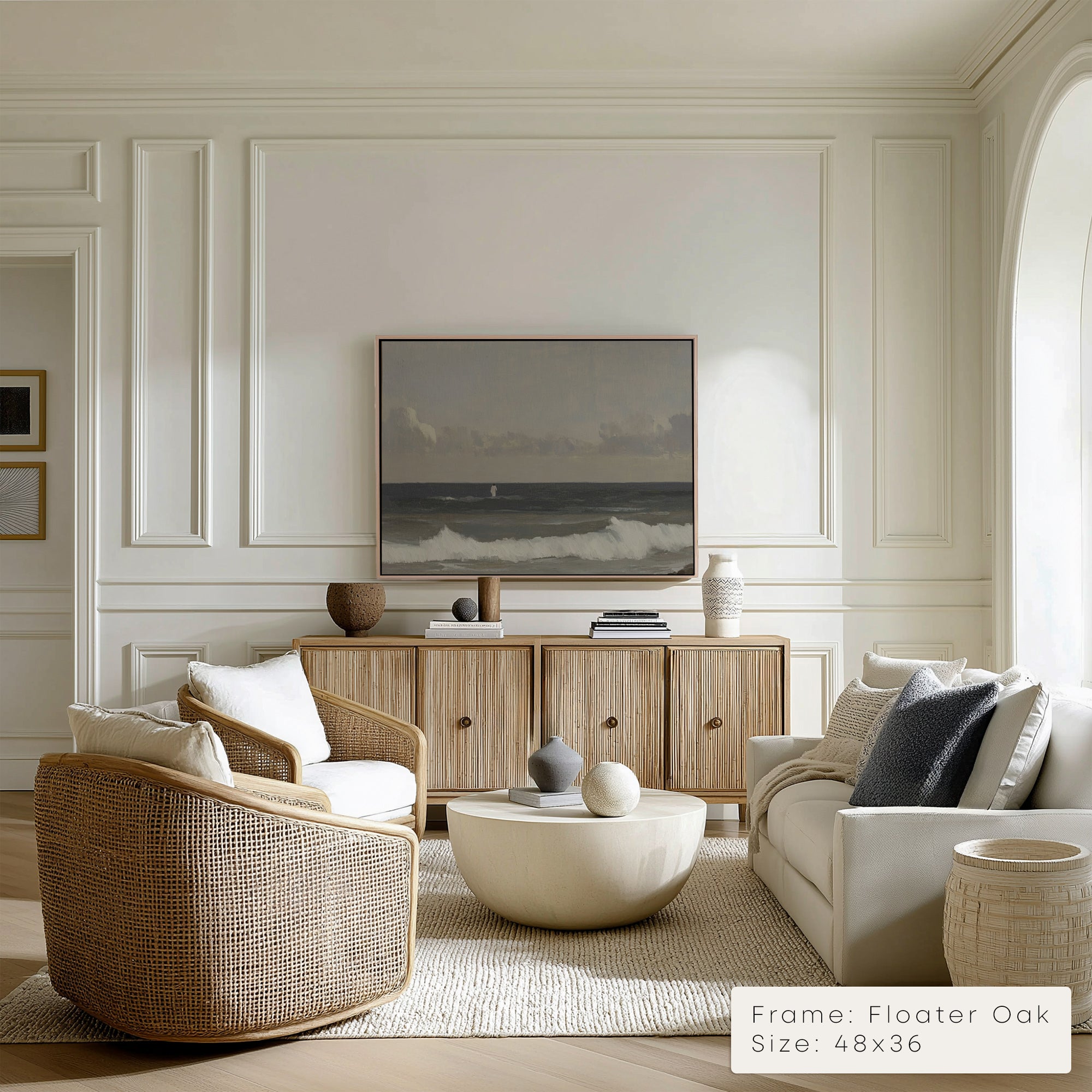 Modern living room with neutral tones, furniture, and decor.
