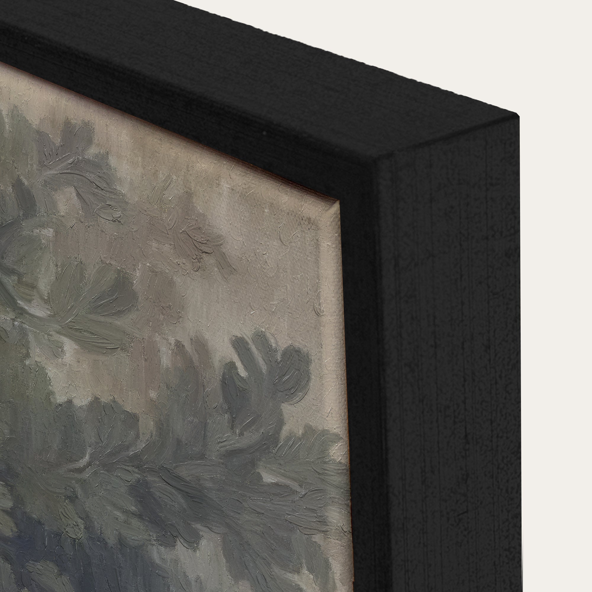 Close-up of a floral painting with a black frame on a white background 