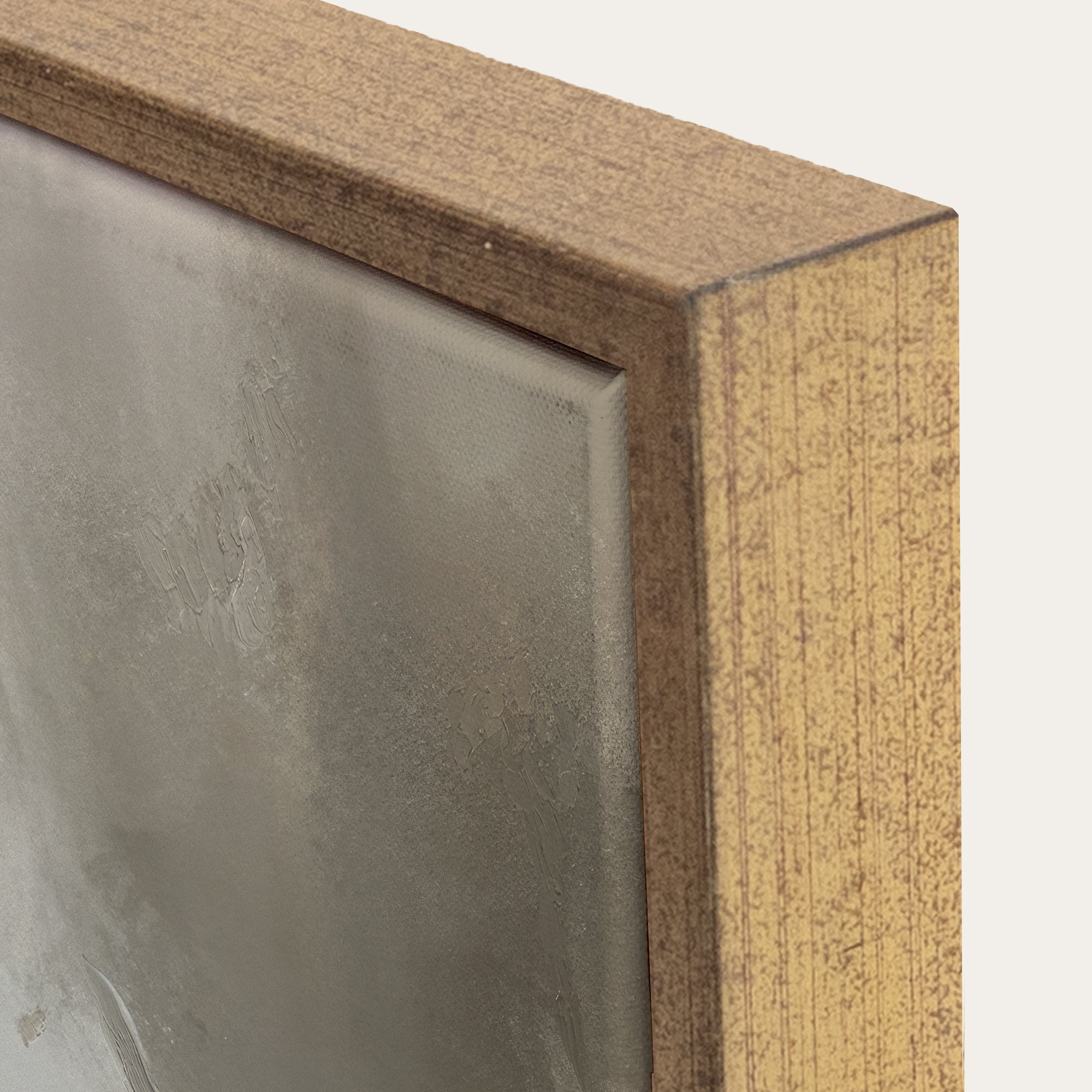 Close-up of a wooden frame corner with a textured surface. 