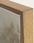 close-up of a wooden picture frame corner with a textured surface. 