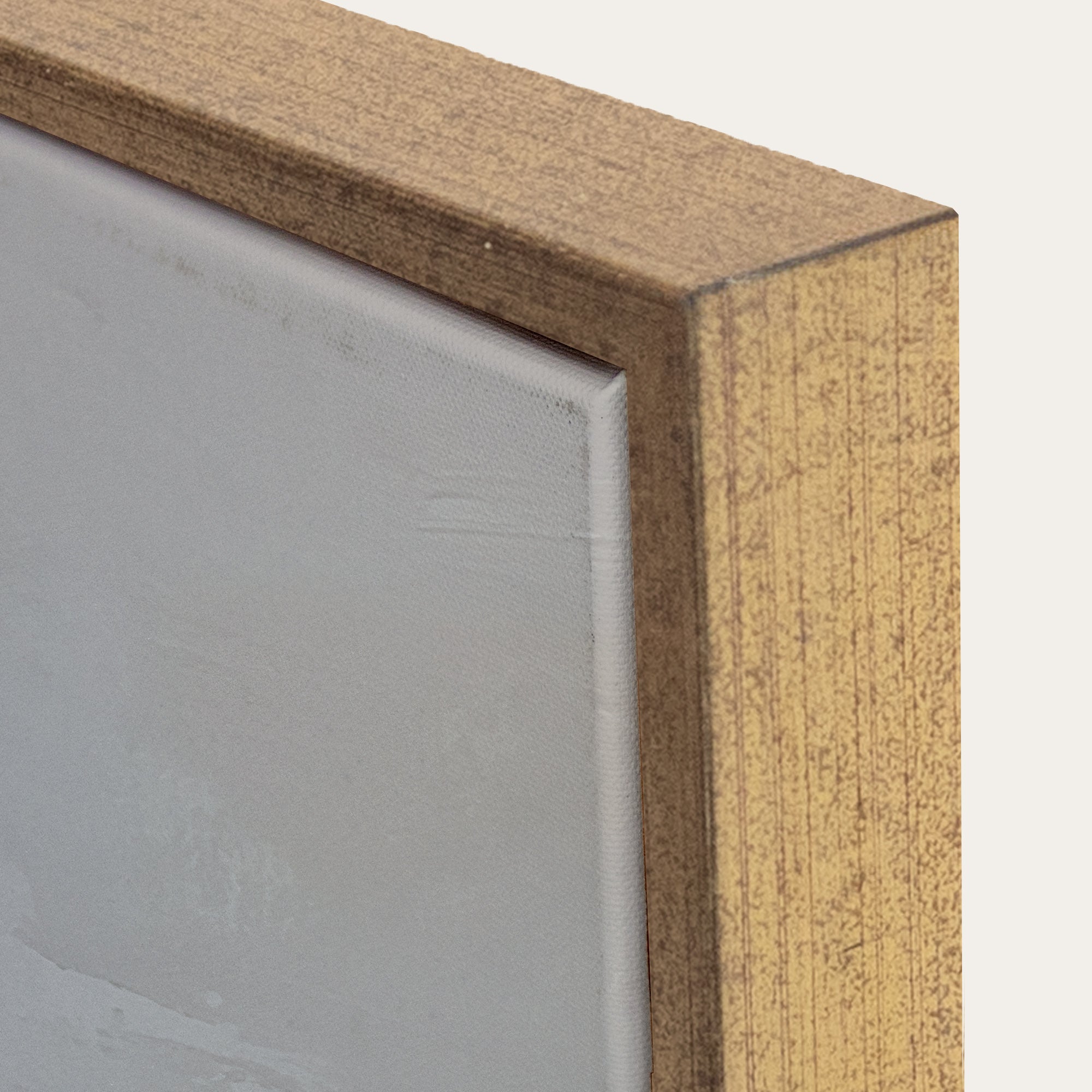 Close-up of a wooden frame corner with a neutral background 