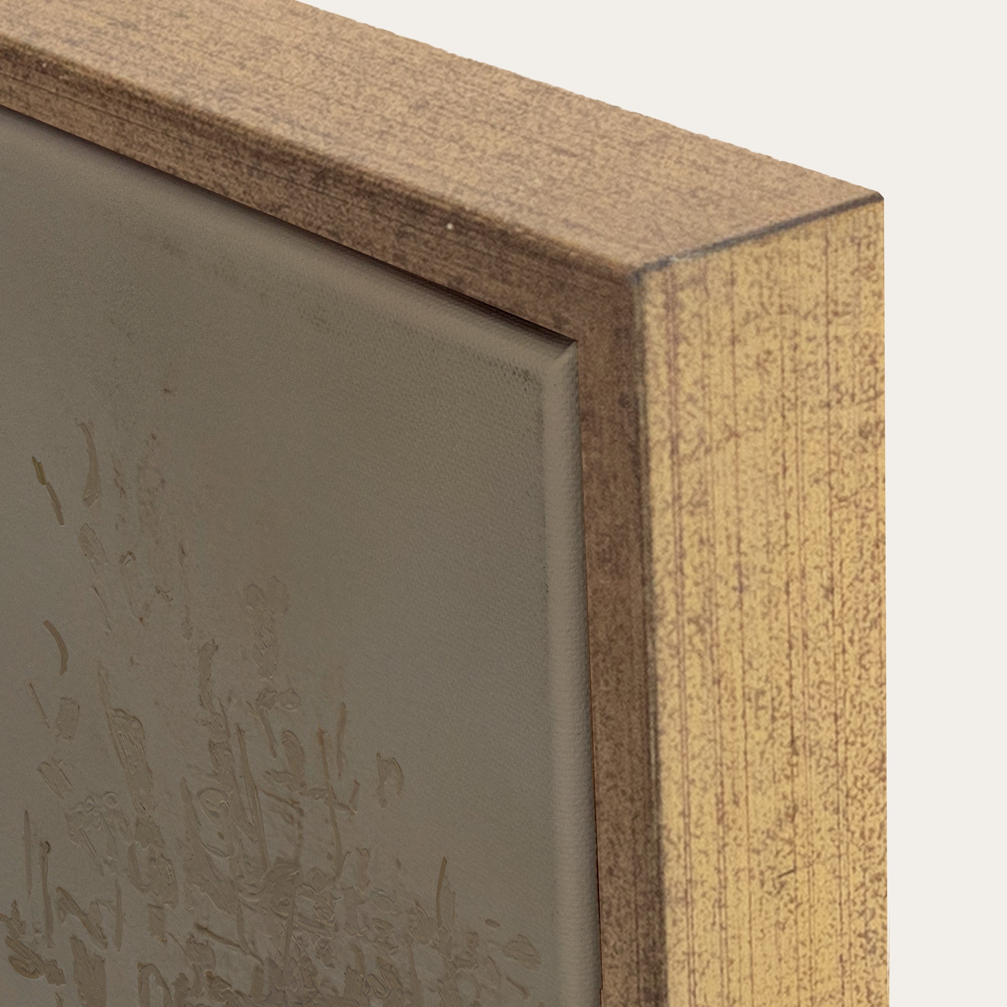 Close-up of a wooden frame corner with a textured surface. 