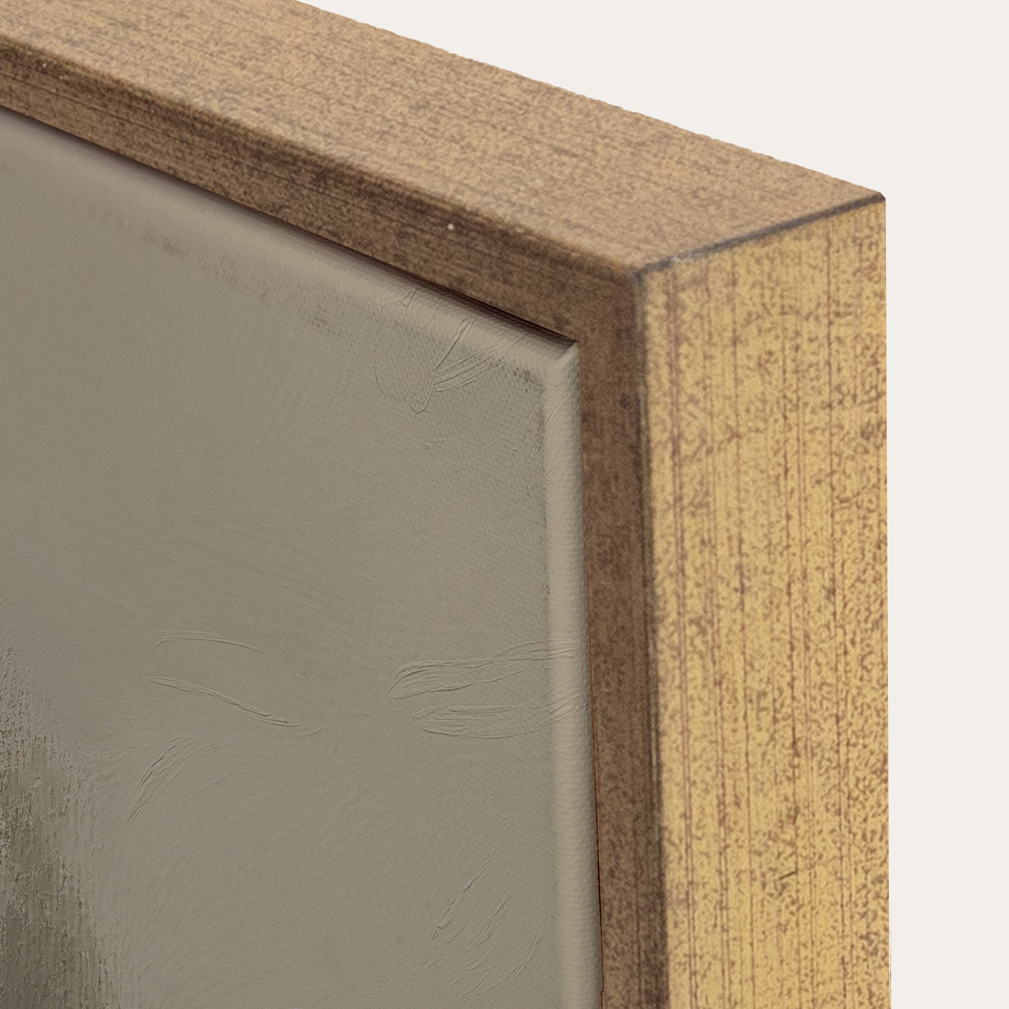 Close-up of a wooden frame corner with a neutral background 