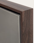 close-up of a wooden frame corner on a gray background 