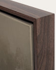 close-up of a wooden frame corner with a neutral background 