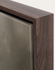 close-up of a wooden frame corner on a gray background 