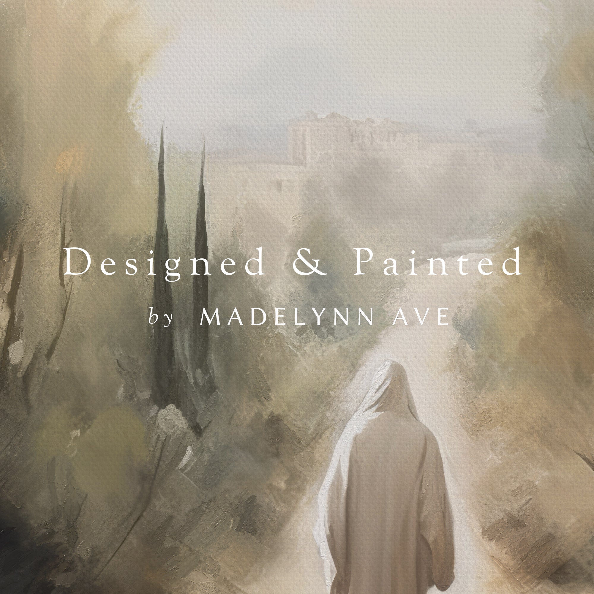 Artistic depiction of a hooded figure walking through a misty landscape with 'Designed &amp; Painted by Madelynn Ave' text.