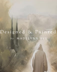 artistic depiction of a hooded figure walking through a misty landscape with 'designed & painted by madelynn ave' text.