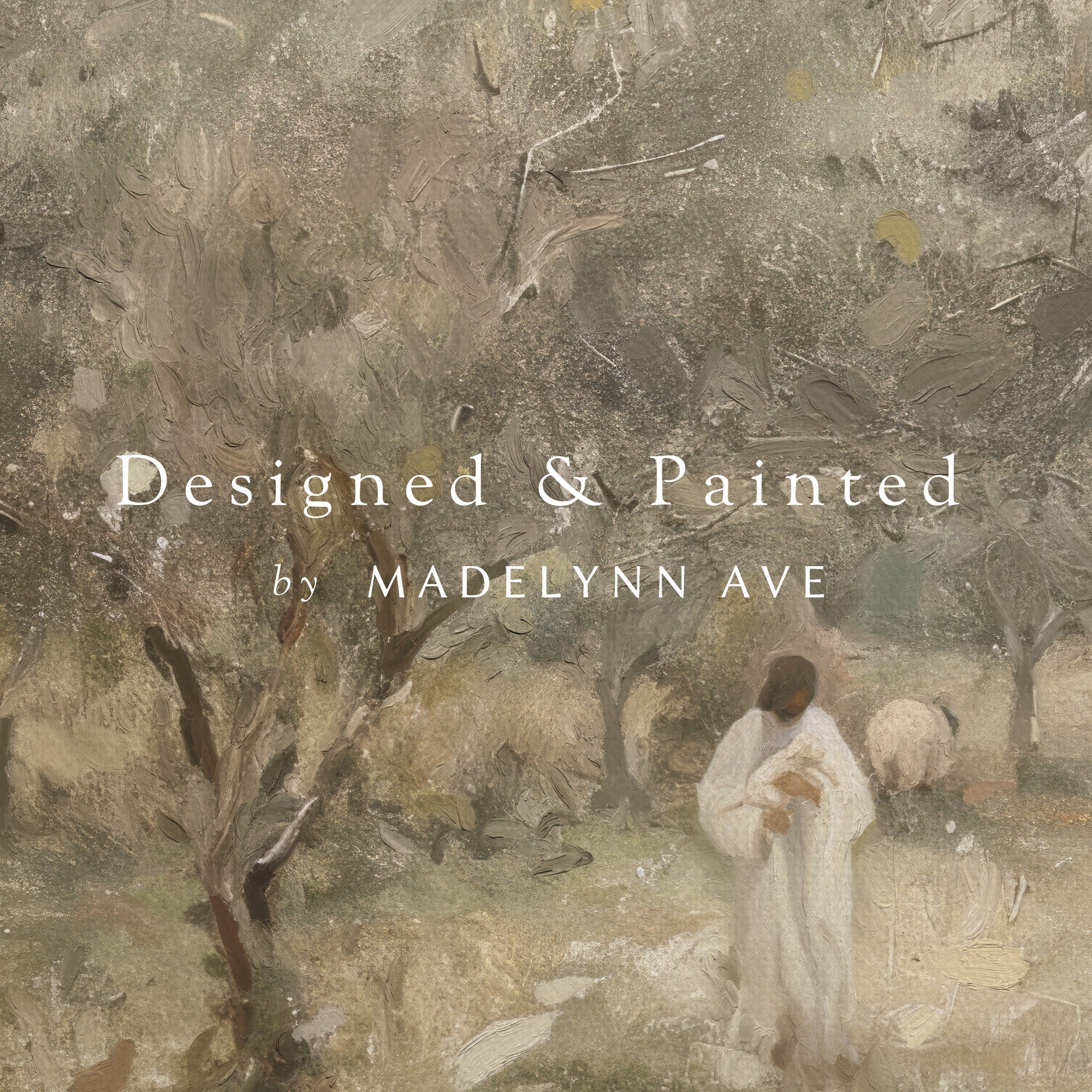 Artistic depiction of a shepherd with sheep, watermarked 'Designed &amp; Painted by Madelynn Ave'.