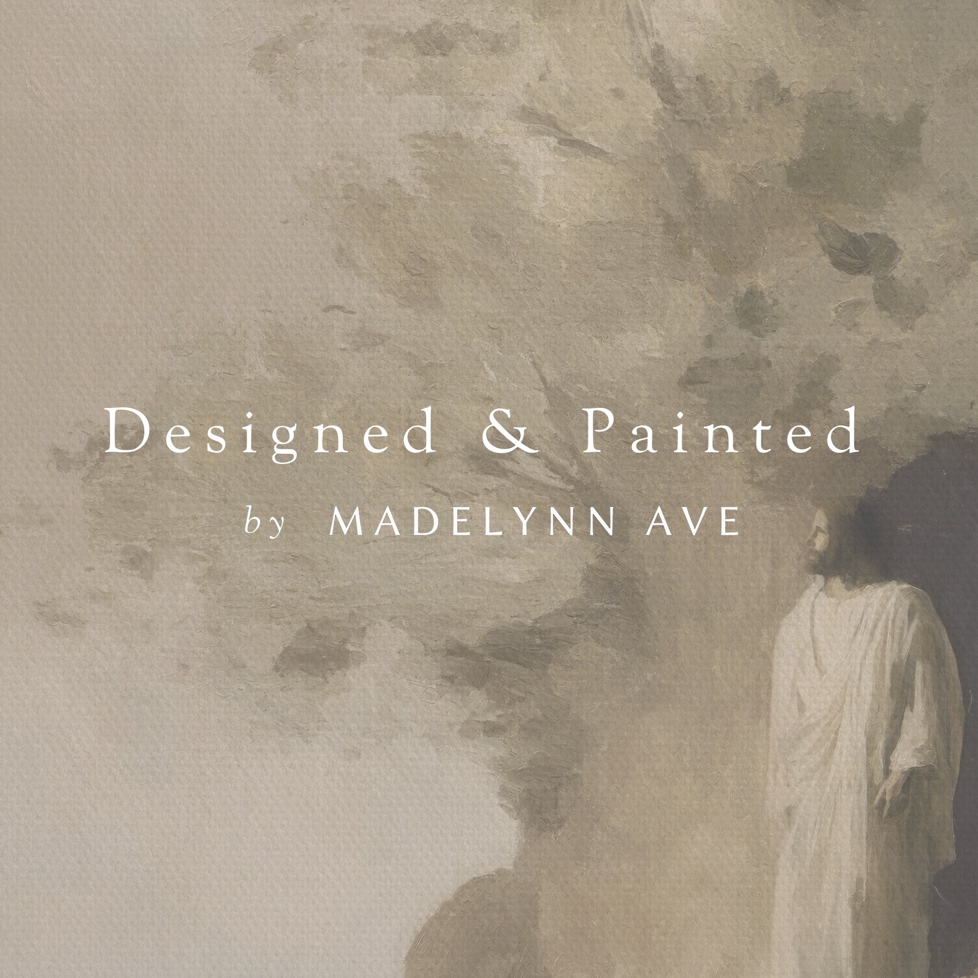 Artistic depiction of a figure in a robe with watercolor textures, featuring the artist's name 'Madellynn Ave'.