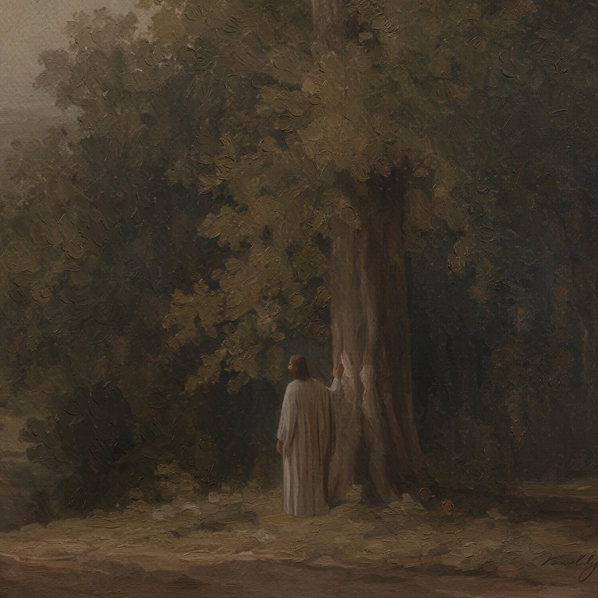 An oil painting depicting Jesus in a long white robe standing in front of a large tree in a forest, rendered in muted earthy tones of green, brown, and beige.