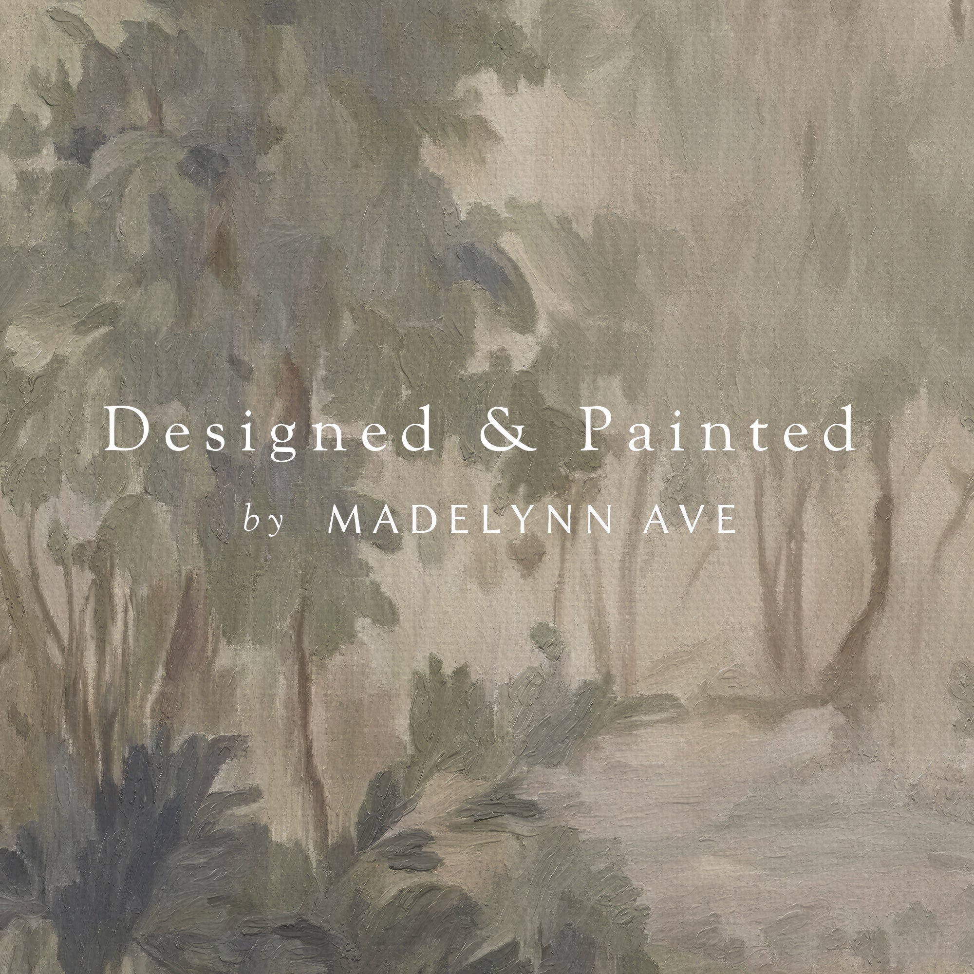 Artistic depiction of a forest scene with a path, watermarked 'Designed &amp; Painted by Madelynn Ave'.