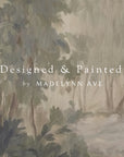 artistic depiction of a forest scene with a path, watermarked 'designed & painted by madelynn ave'.