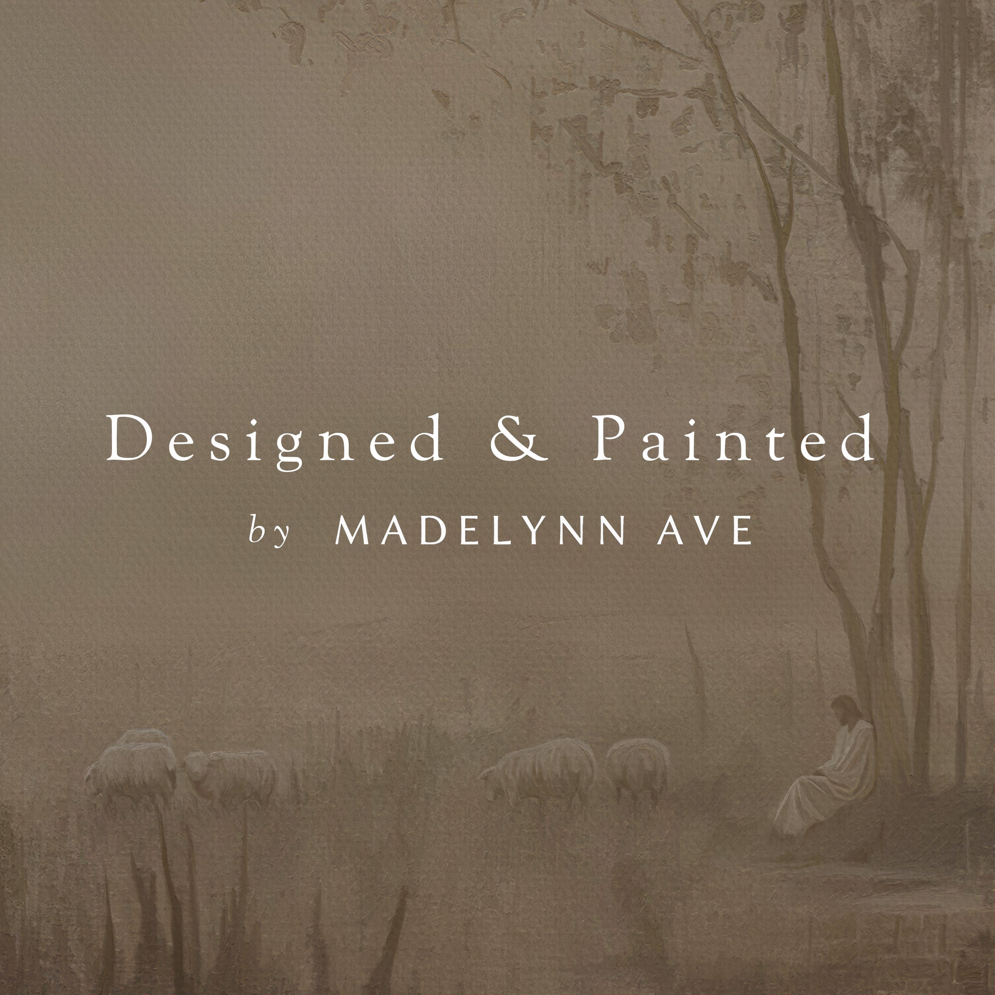 Artistic depiction of a shepherd with sheep in a misty landscape, with 'Designed &amp; Painted by Madelynn Ave' text overlay.