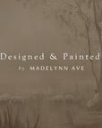 artistic depiction of a shepherd with sheep in a misty landscape, with 'designed & painted by madelynn ave' text overlay.