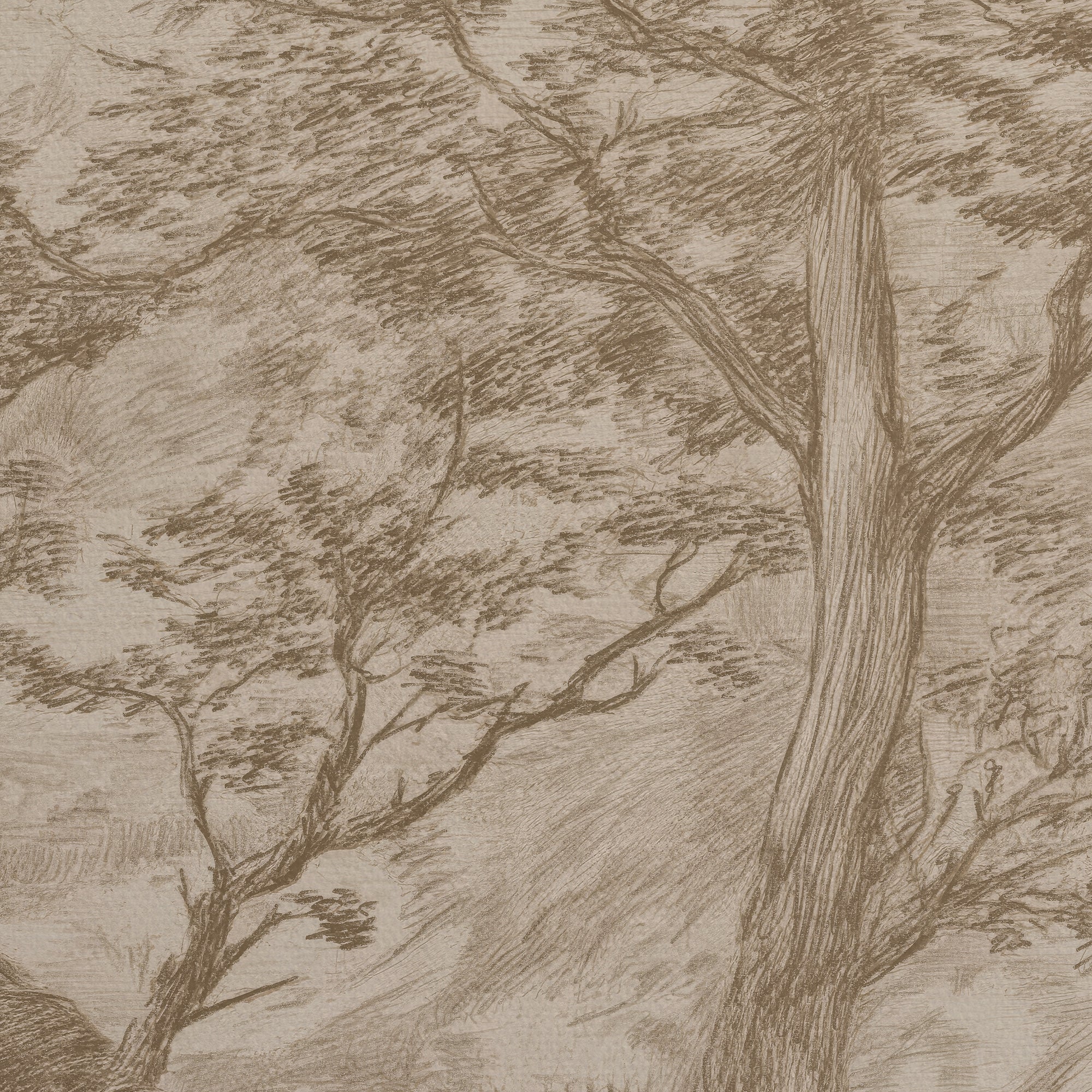 Beige fabric or wallpaper featuring a detailed brown sketch-style print of trees and branches.