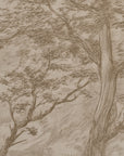 Beige fabric or wallpaper featuring a detailed brown sketch-style print of trees and branches.