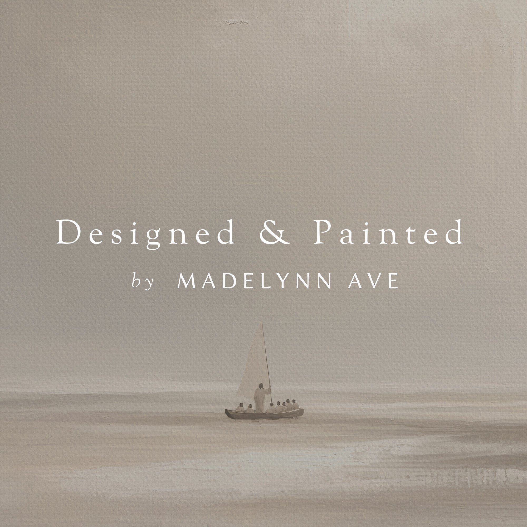 Minimalist design with a sailboat on a plain background, featuring the text 'Designed &amp; Painted by Madelynn Ave'.