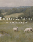 painting of sheep in a field with 'designed & painted by madelynn ave' text overlay.