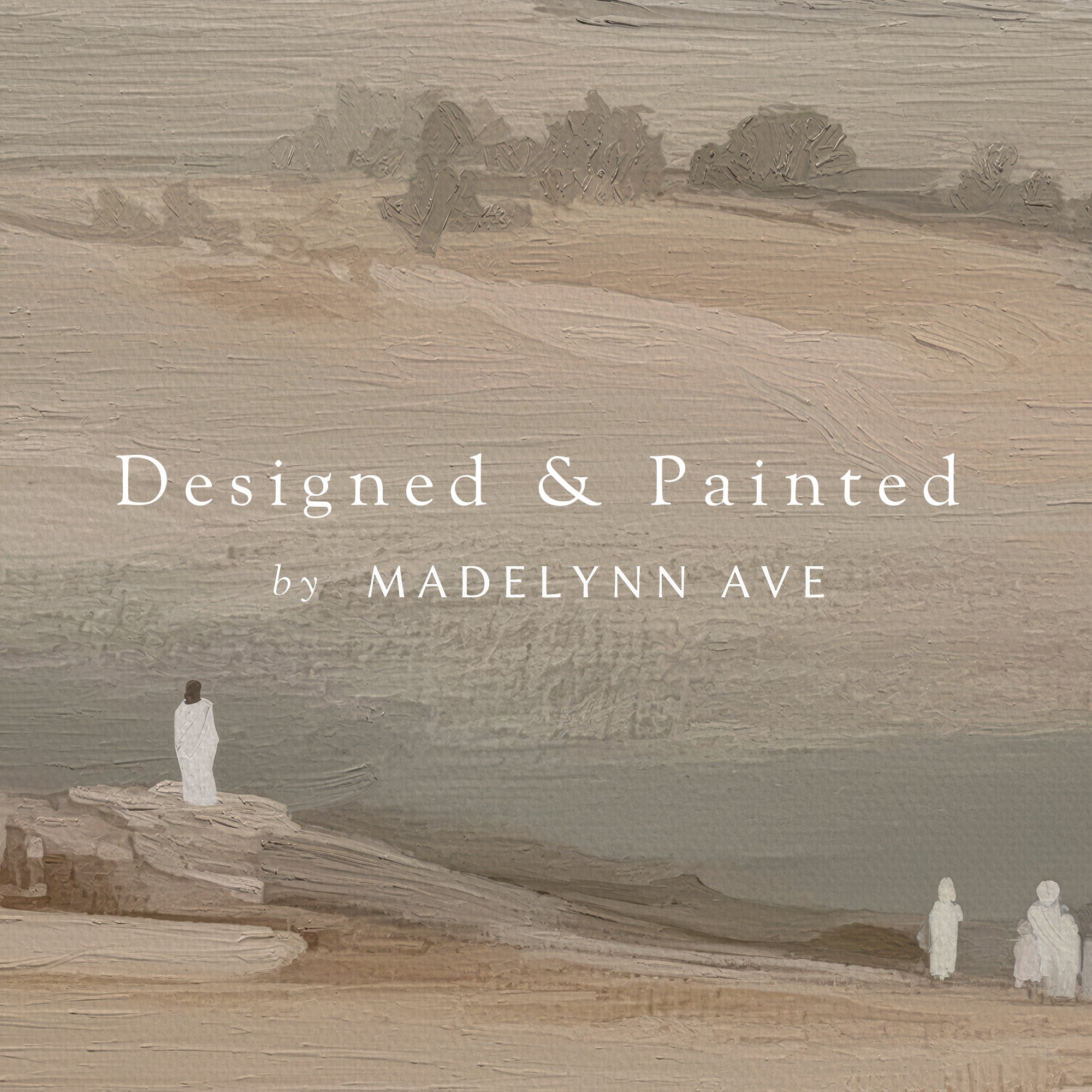 Artistic depiction of a landscape with figures, credited to Madelynn Ave, on a textured brown background.