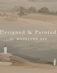artistic depiction of a landscape with figures, credited to madelynn ave, on a textured brown background.
