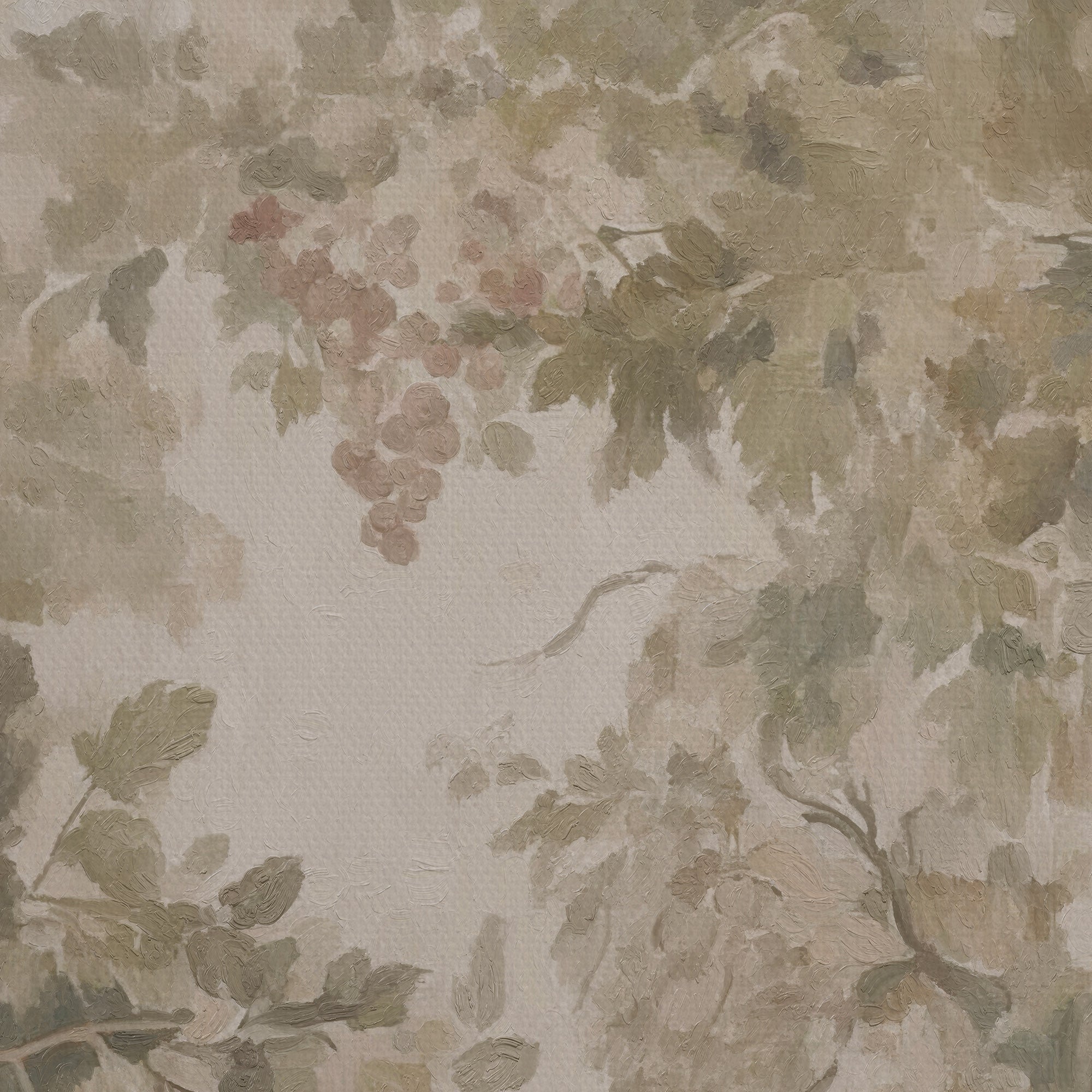 Watercolor-style wallpaper featuring a vintage botanical pattern of green leaves and clusters of pinkish-purple grapes on a textured cream background.