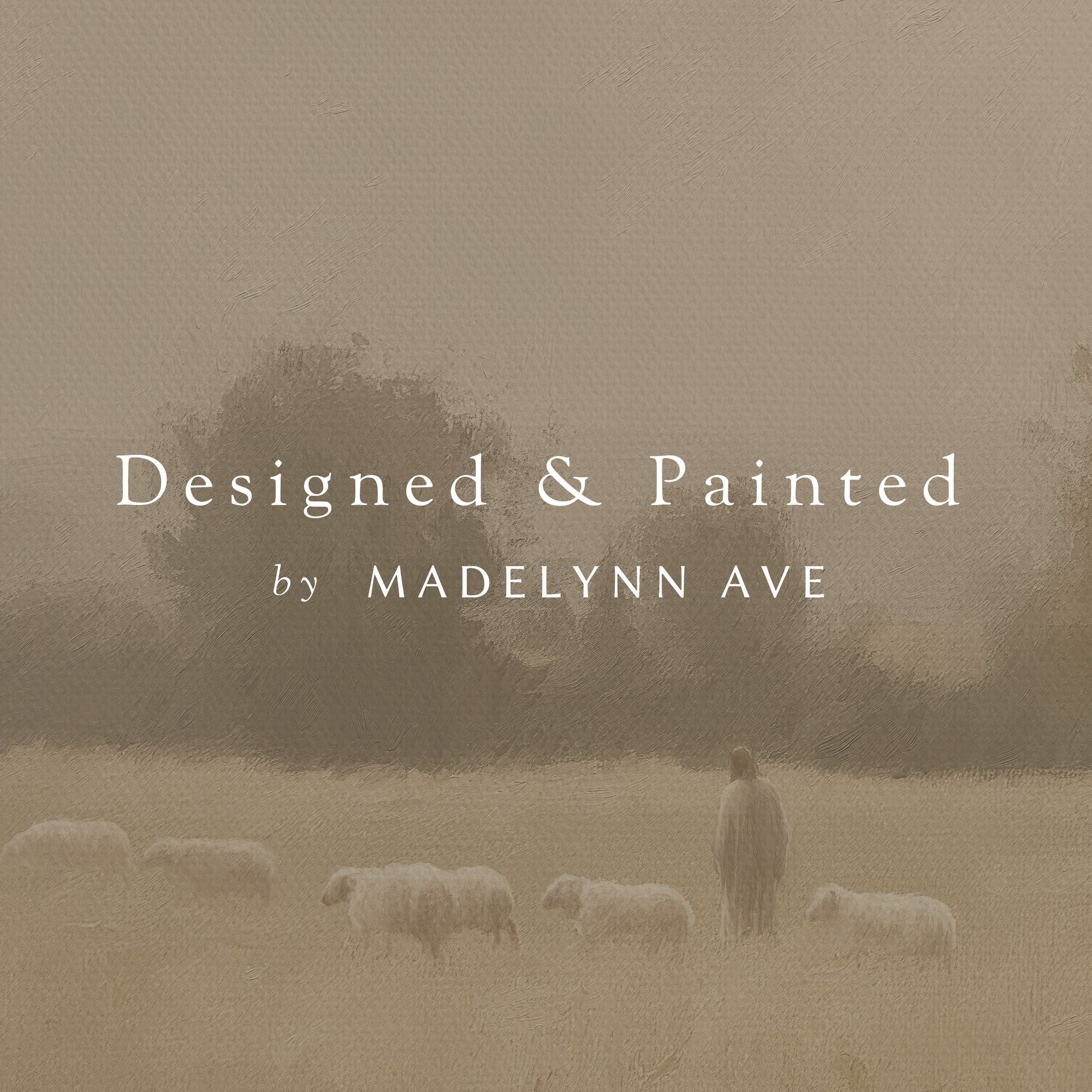 Sheep grazing in a field with a blurred background and 'Designed &amp; Painted by Madelynn Ave' text overlay.