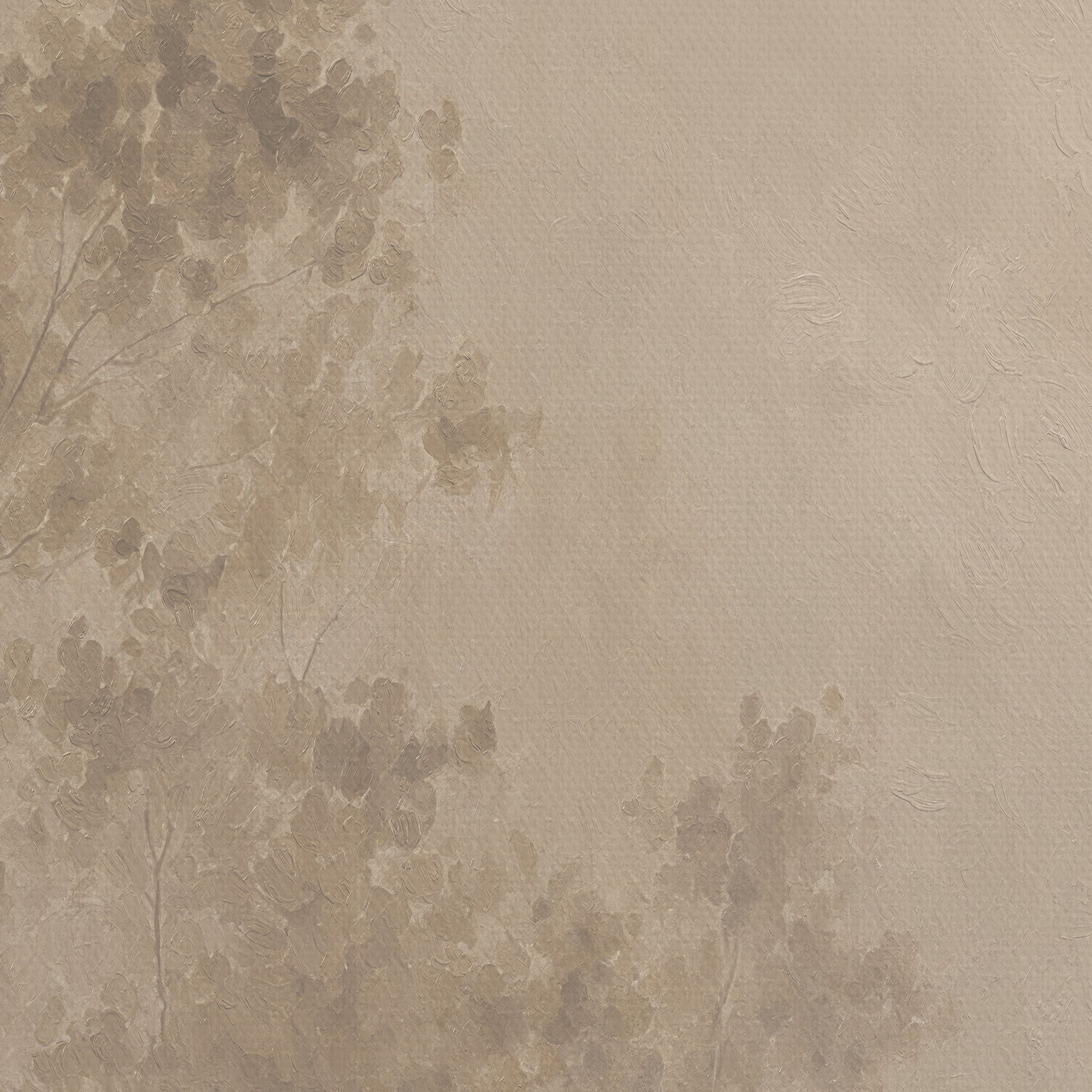 Beige textured wallpaper featuring a soft, watercolor-style botanical pattern of leaves and branches in muted taupe and brown tones.