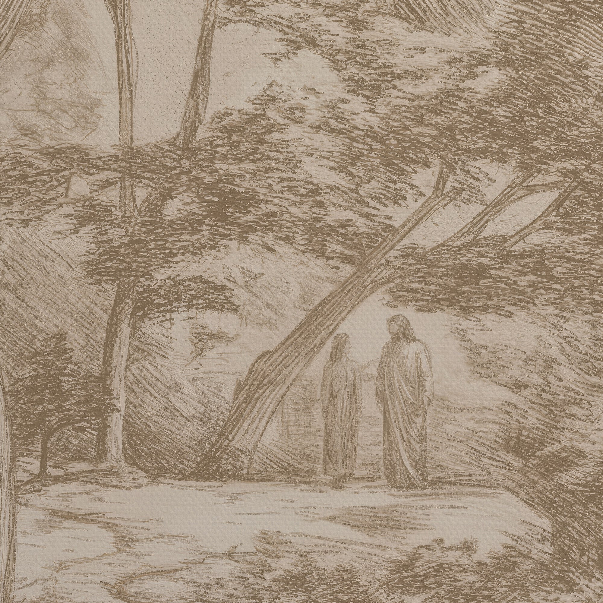 A sepia-toned sketch or print depicting two robed figures standing beneath a large tree in a wooded outdoor scene.