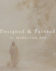 text 'designed & painted by madelynn ave' on a textured beige background with a silhouette of a person and dog.
