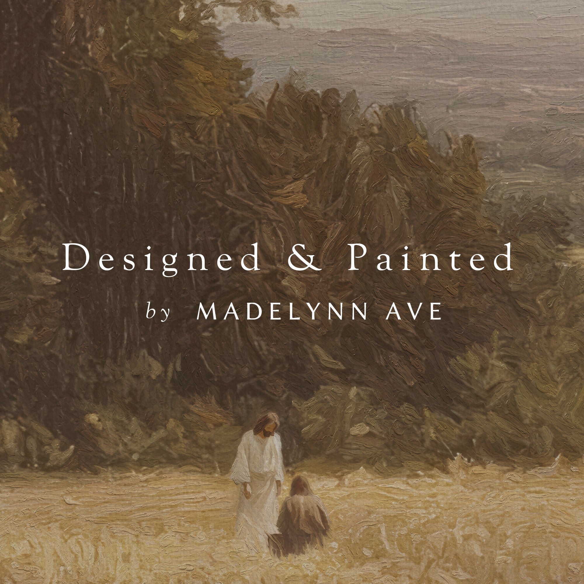 Painting of two figures walking through a field with trees and mountains in the background, credited to Madelynn Ave.