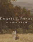painting of two figures walking through a field with trees and mountains in the background, credited to madelynn ave.