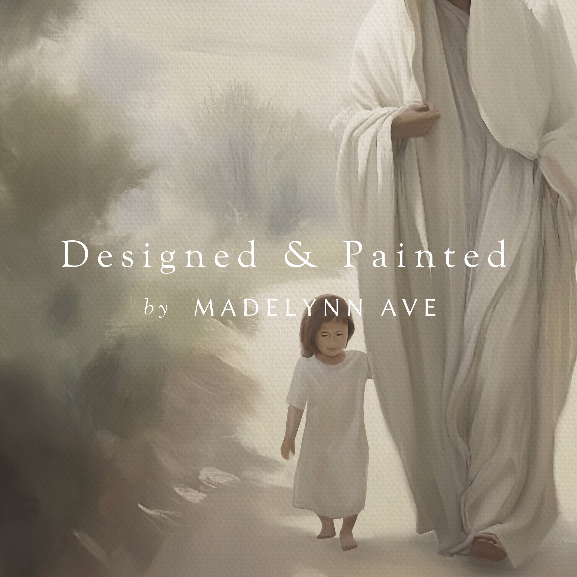 Figure in a white robe walking with a child in a misty, ethereal setting with 'Madeleynn Ave' text.
